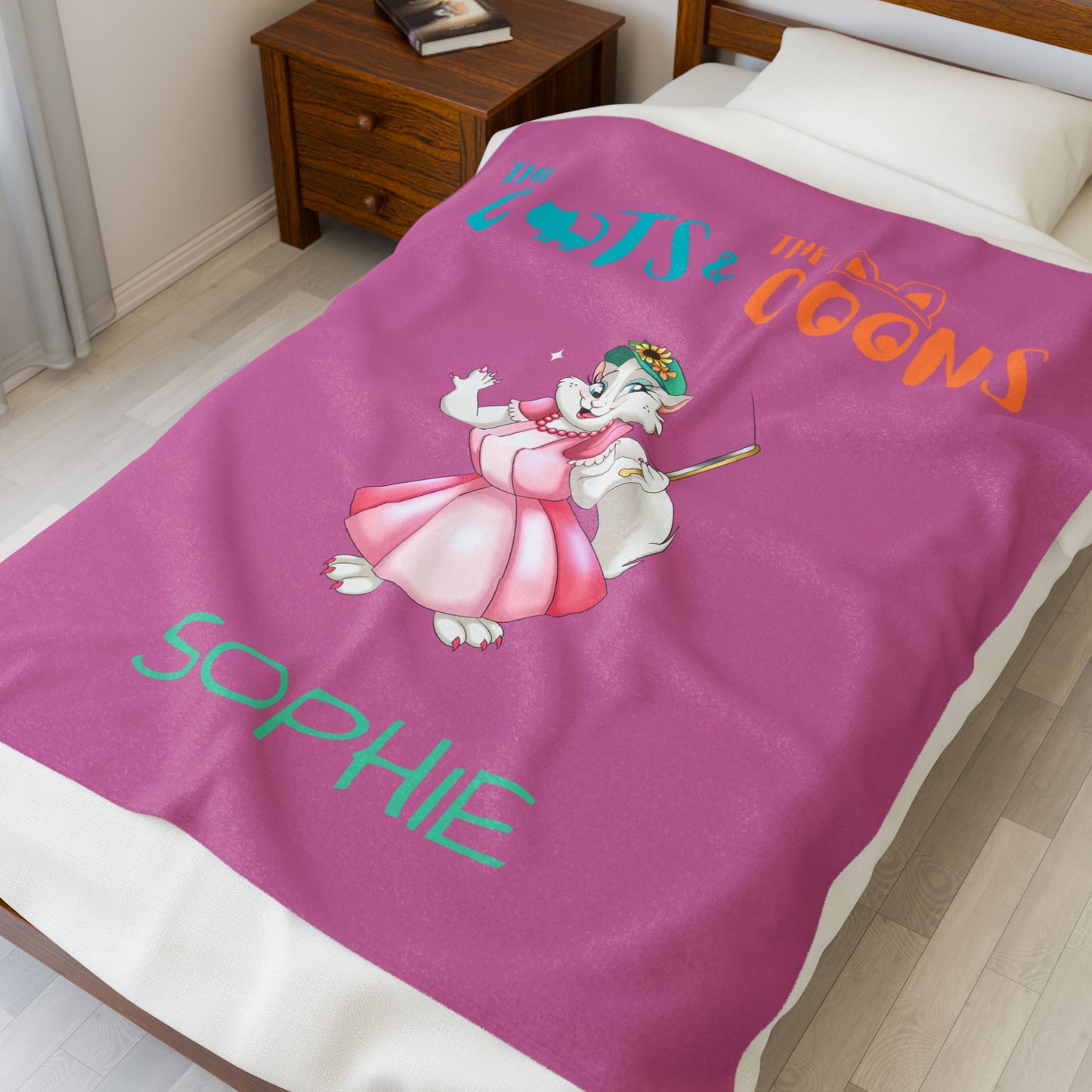 The Cats & The Coons “Sophie” Velveteen Plush Blanket, Cozy Gift for Cat Lovers, Nursery Decor, Kids' Birthday, Pet Owners