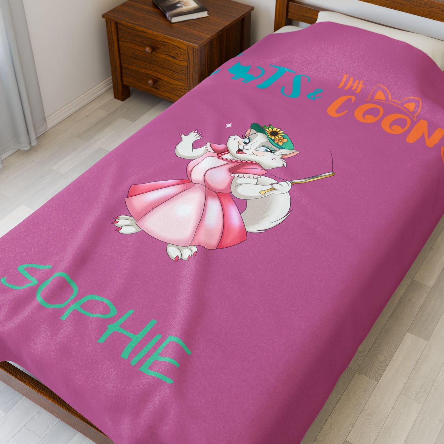 The Cats & The Coons “Sophie” Velveteen Plush Blanket, Cozy Gift for Cat Lovers, Nursery Decor, Kids' Birthday, Pet Owners